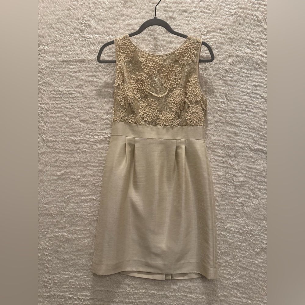 size 8 Tahari Cream Lace Mini Dress silky sequins embroidery straight beige